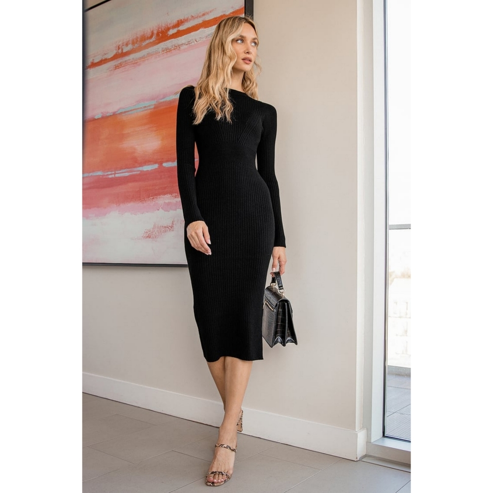 Lulu's Sweet and Simple Black Ribbed Bodycon Sweater Dress
